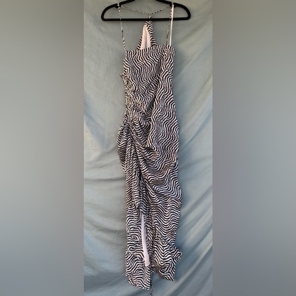 NWT Cinq A Sept Ruffled 100% Silk Midi Dress Sz 4 New Black White Asymmetric Hem - Picture 11 of 13